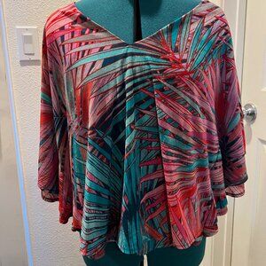 Jennifer Lopez Tropical Palm Print V-Neck Top XL Flowy Boho